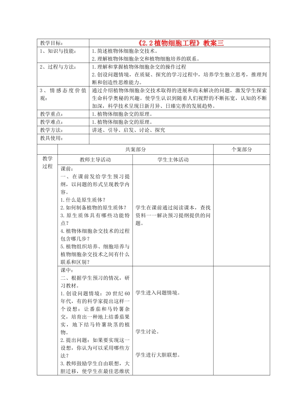 江苏省新沂市棋盘中学高中生物 《2.2植物细胞工程》教案三 新人教版选修3_第1页