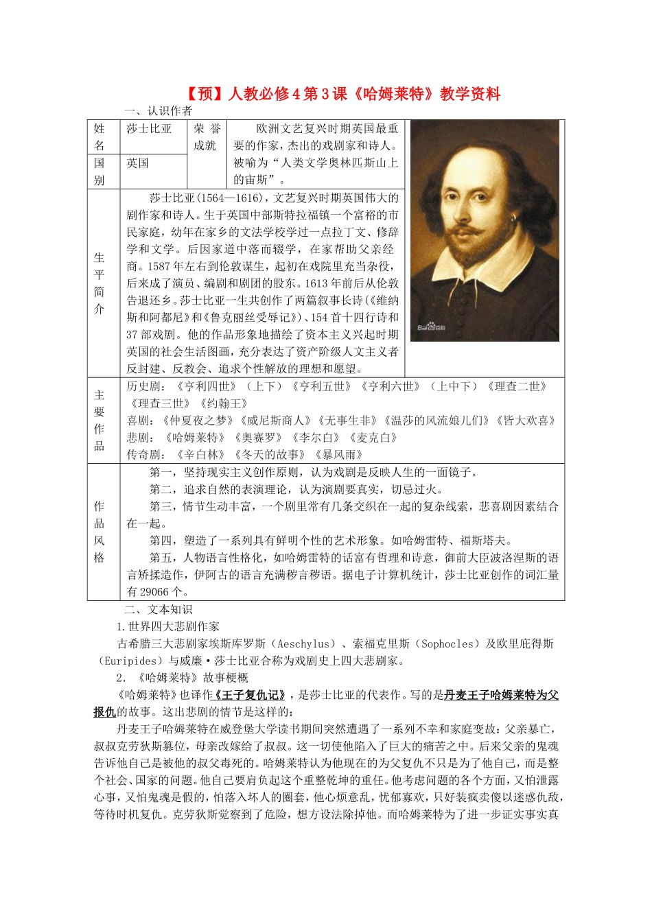 高中语文 第3课《哈姆莱特》（预）新人教版必修4-新人教版高二必修4语文学案_第1页