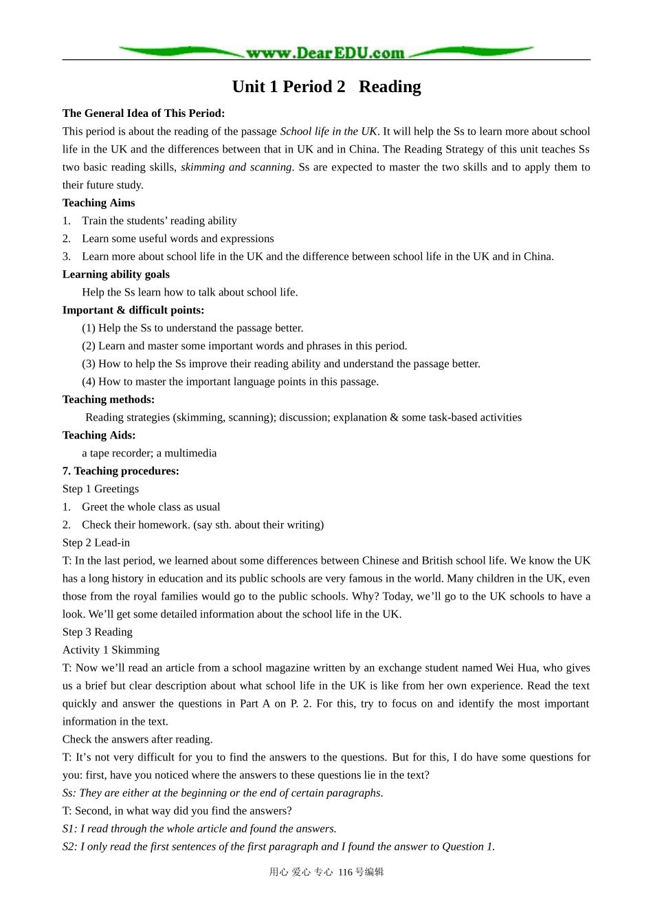 高中英语Unit 1  Period 2  Reading教案_第1页