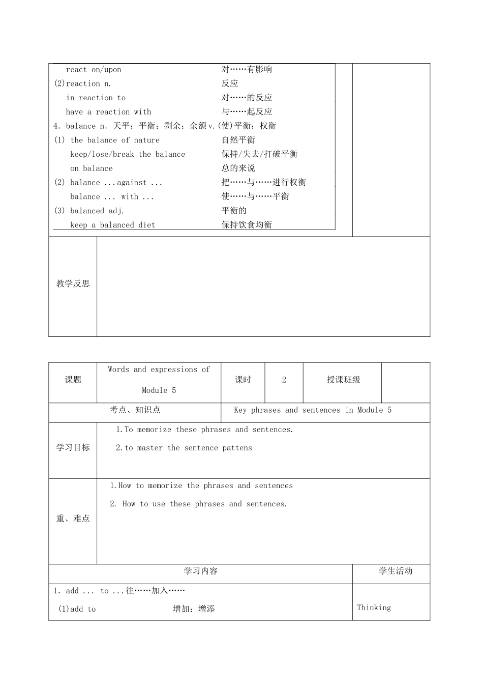 四川省宜宾市一中高三英语上学期第8周教学设计（Module5，必修1）-人教版高三必修1英语教案_第2页