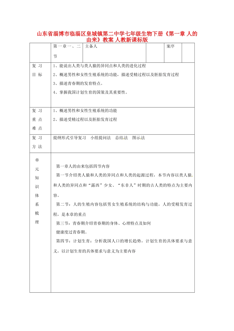 山东省淄博市临淄区七年级生物下册《第一章 人的由来》教案 新人教版_第1页