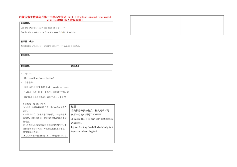 内蒙古翁牛特旗乌丹第一中学高中英语 Unit 2 English around the world writing教案 新人教版必修1_第1页