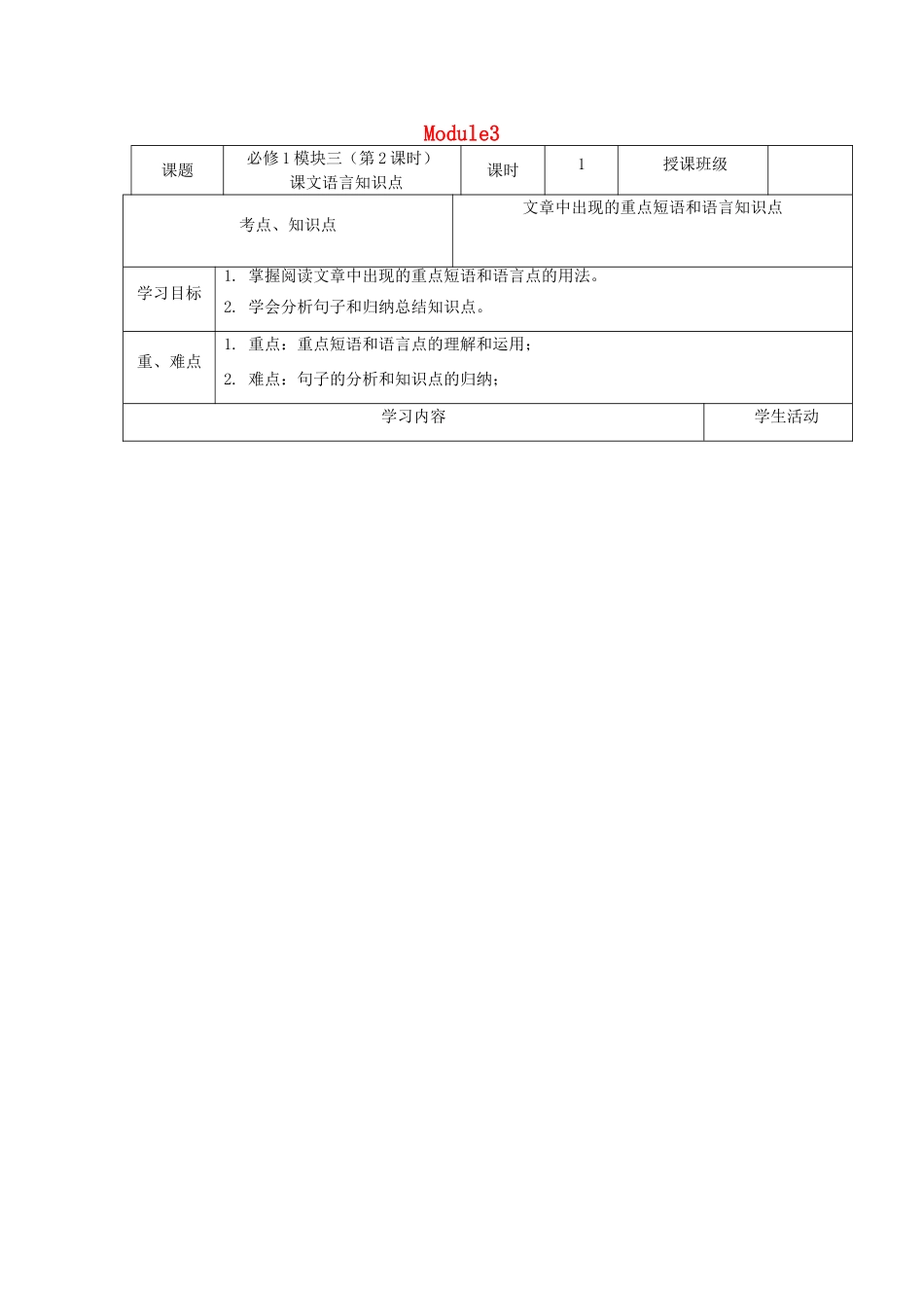 高中英语上学期第5周 模块三（第2课时）课文语言知识点教学设计 新人教版必修1-新人教版高中必修1英语教案_第1页