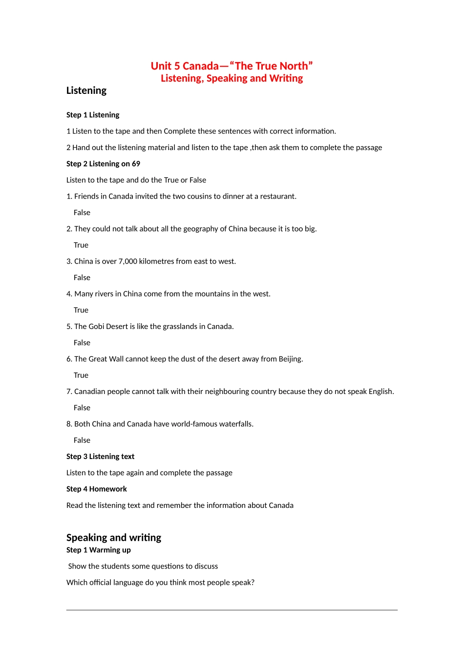 高中英语：Unit5 Listening,Speaking and Writing教案（新人教版必修3）河北地区专用_第1页