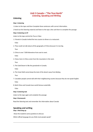 高中英语：Unit5 Listening,Speaking and Writing教案（新人教版必修3）河北地区专用