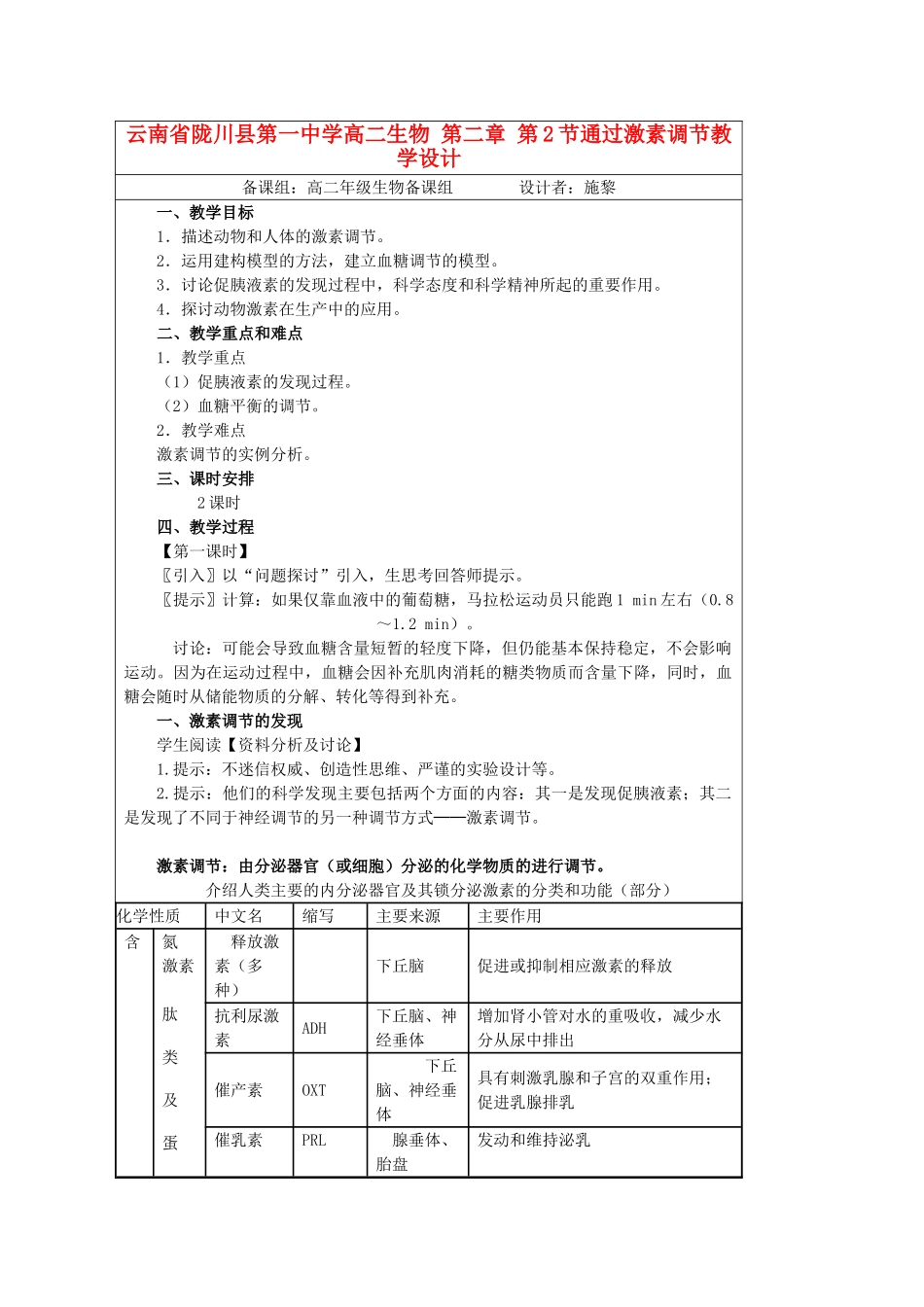 云南省陇川县第一中学高二生物 第二章 第2节通过激素调节教学设计_第1页