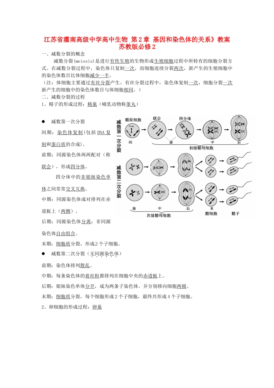 江苏省灌南高级中学高中生物 第2章 基因和染色体的关系》教案 苏教版必修2_第1页