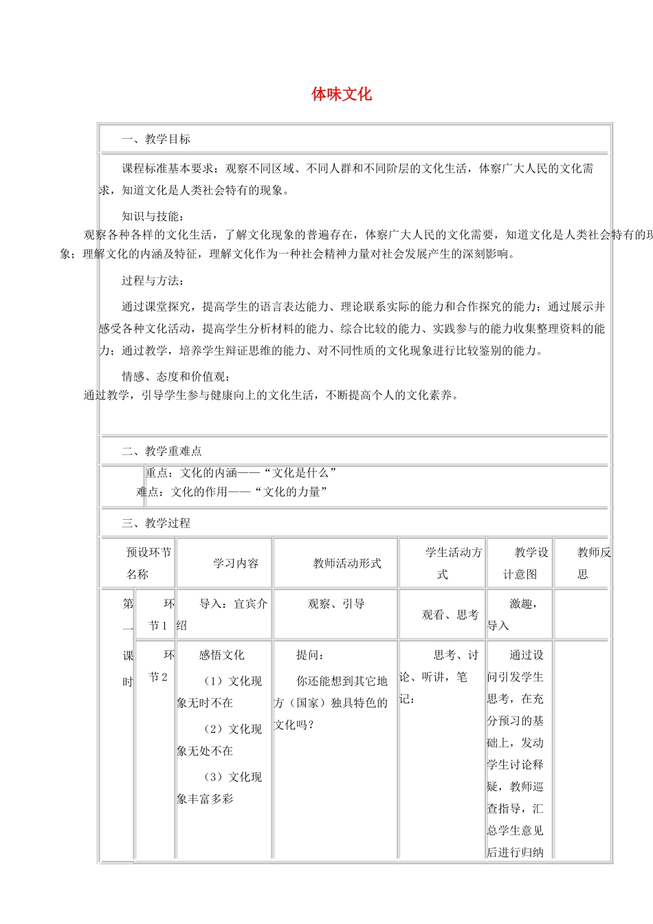 高中政治 1.1 体味文化教学设计 新人教版必修3-新人教版高二必修3政治教案_第1页