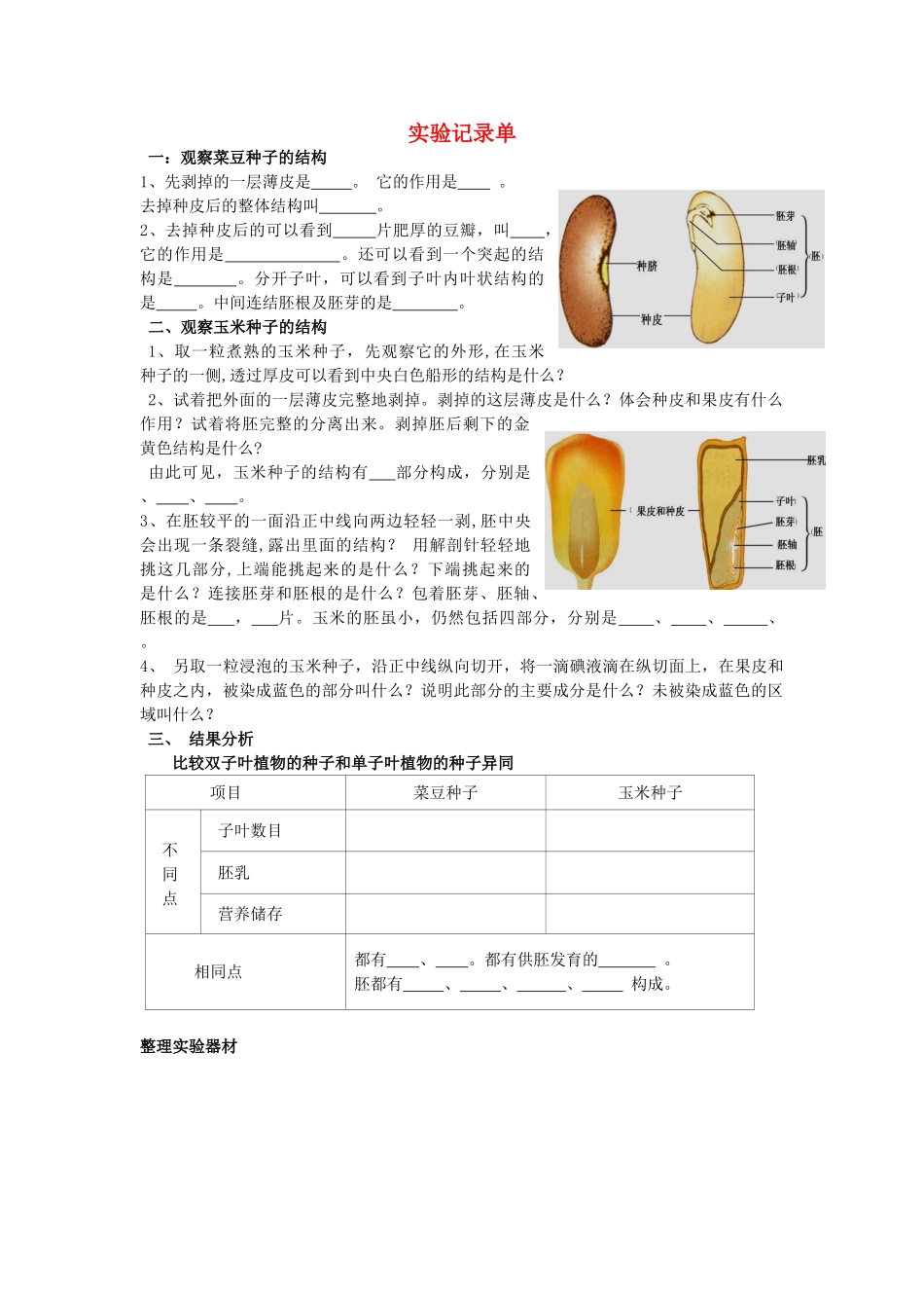 山东省枣庄市峄城区吴林街道中学八年级生物上册 第四单元 第一章 第三节 实验记录单教案 济南版_第1页