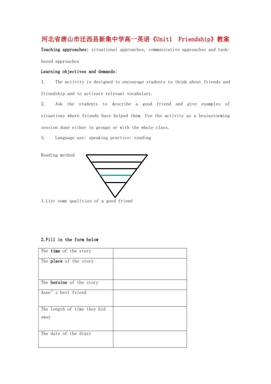 河北省唐山市迁西县新集中学高一英语《Unit1  Friendship》教案_第1页