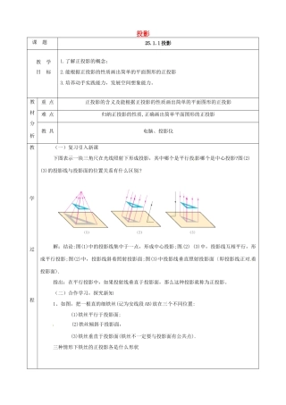 上海市金山区山阳镇九年级数学下册 第25章 投影与视图 25.1 投影 25.1.1 投影教案 （新版）沪科版-（新版）沪科版初中九年级下册数学教案