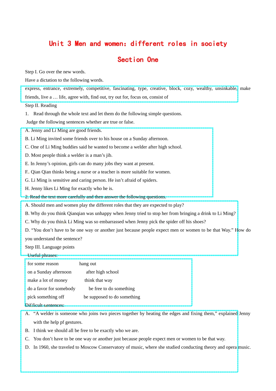高中英语：unit3 men and women教案冀教版必修1_第1页