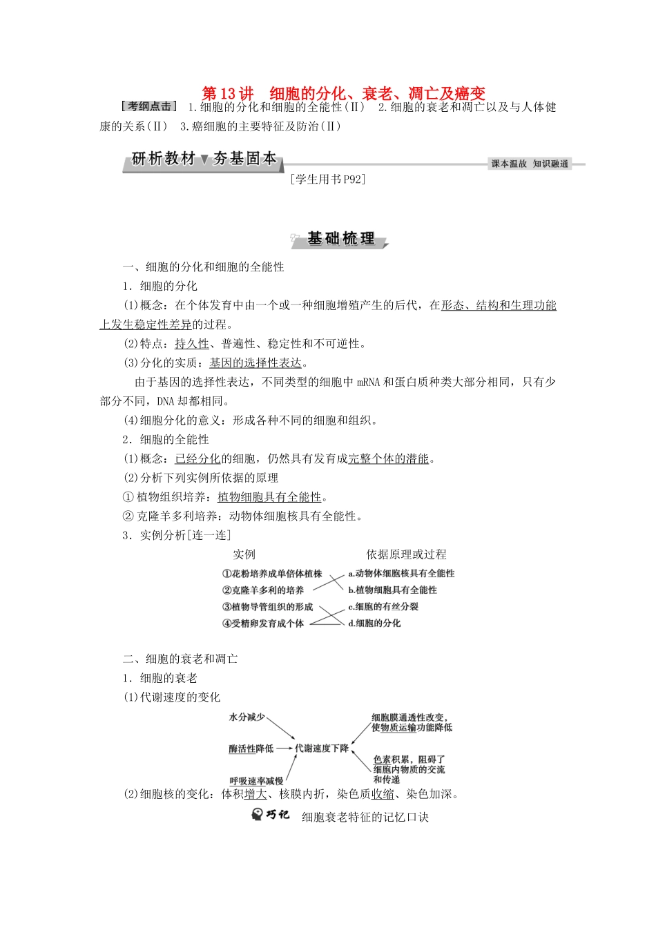 优化方案高考生物大一轮复习 第四单元 细胞的生命历程 第13讲 细胞的分化、衰老、凋亡及癌变讲义-人教版高三全册生物教案_第1页