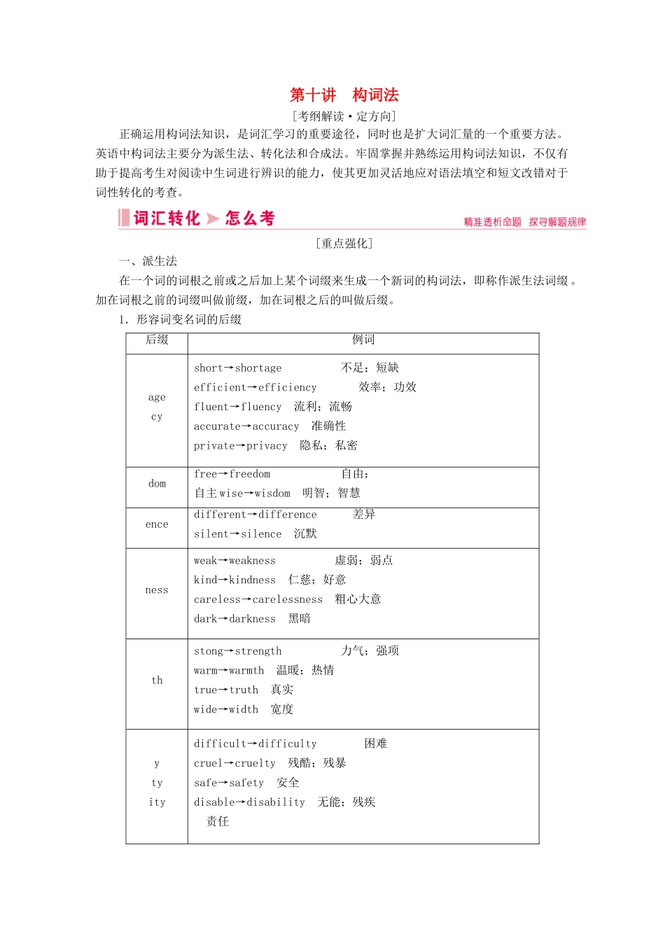 山东省新高考英语大二轮总复习 第十讲 构词法教案-人教版高三全册英语教案_第1页