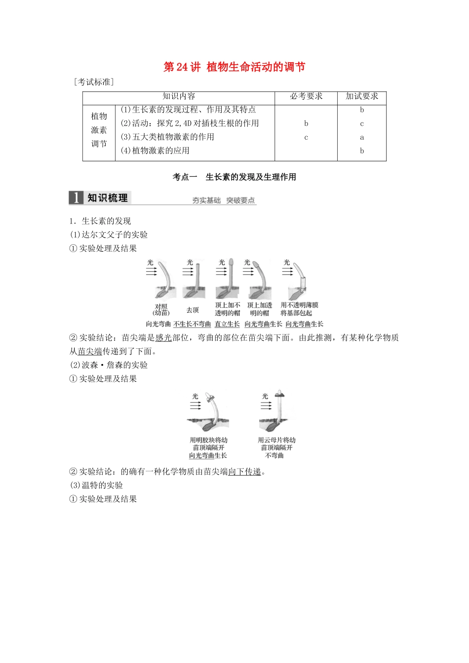 新高考生物一轮复习 第七单元 生命活动的调节与免疫 第24讲 植物生命活动的调节讲义 浙科版-浙科版高三全册生物教案_第1页
