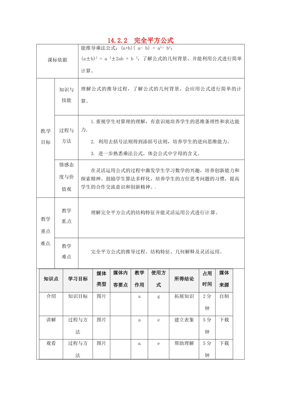 陕西省安康市石泉县池河镇八年级数学上册 14.2 乘法公式 14.2.2 完全平方公式教案2 （新版）新人教版-（新版）新人教版初中八年级上册数学教案_第1页