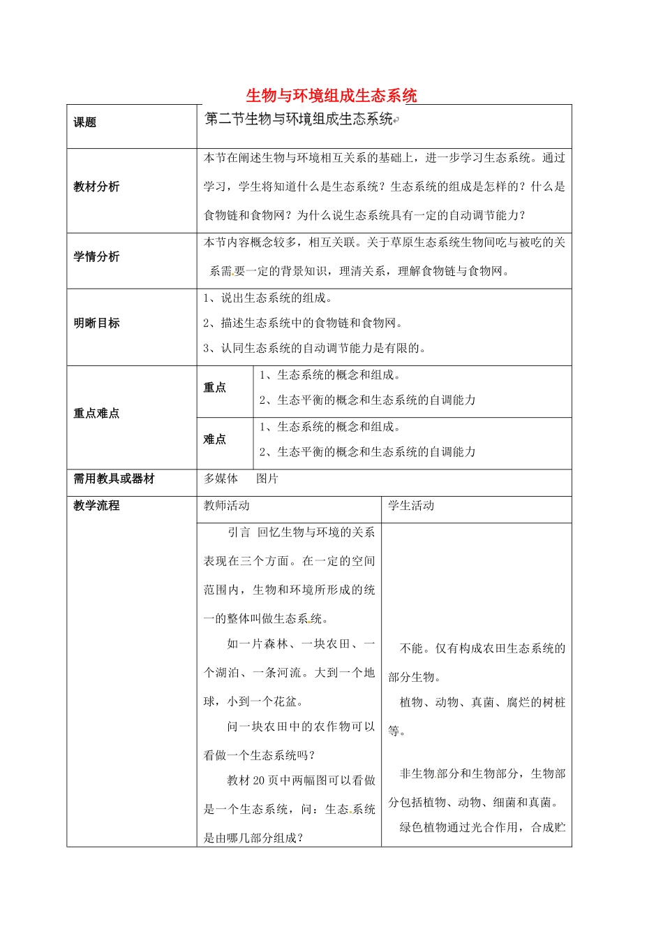 云南省师范大学五华区实验中学七年级生物上册 1.2.2 生物与环境组成生态系统教学设计 （新版）新人教版_第1页