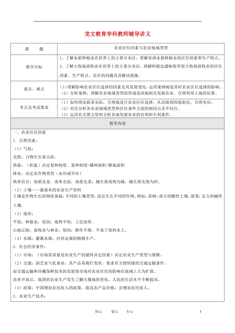 龙文教育高中地理教师辅导讲义 6农业1_第1页