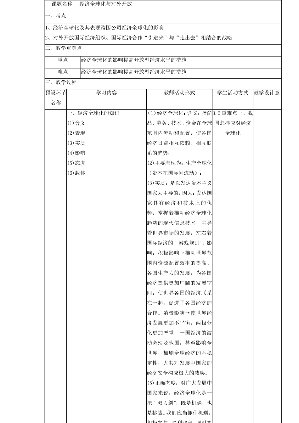 高中政治 经济全球化与对外开放教学设计-人教版高中全册政治教案_第2页