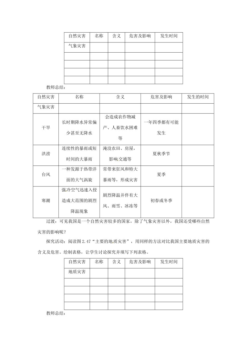天津市宝坻区八年级地理上册 第二章 第四节 自然灾害（第1课时 常见的自然灾害）教案 （新版）新人教版-（新版）新人教版初中八年级上册地理教案_第2页