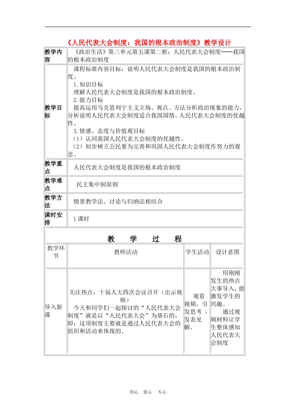 高中政治 5.2 人民代表大会制度：我国的根本政治制度 教案2 人教版必修2_第1页