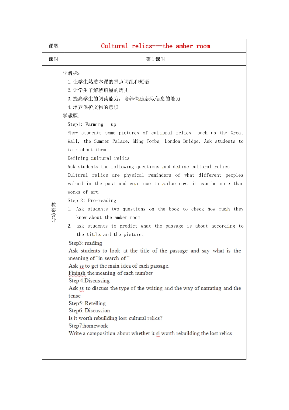 高中英语校本课程话题阅读 1 Cultural relics-the amber room教案-人教版高中全册英语教案_第1页