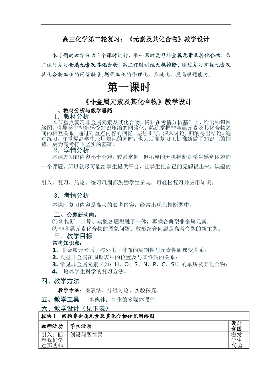 高三化学第二轮复习：《元素及其化合物》教学设计_第1页