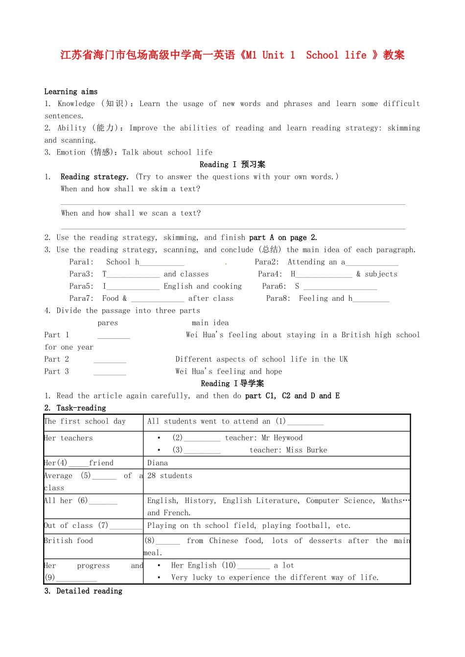 江苏省海门市包场高级中学高一英语《M1 Unit1  School life 》教案_第1页