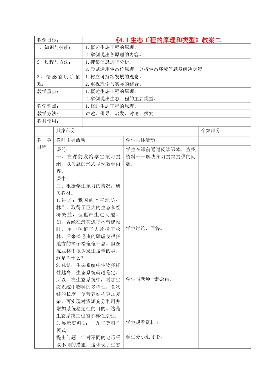 江苏省新沂市棋盘中学高中生物 《4.1生态工程的原理和类型》教案二 新人教版选修3_第1页