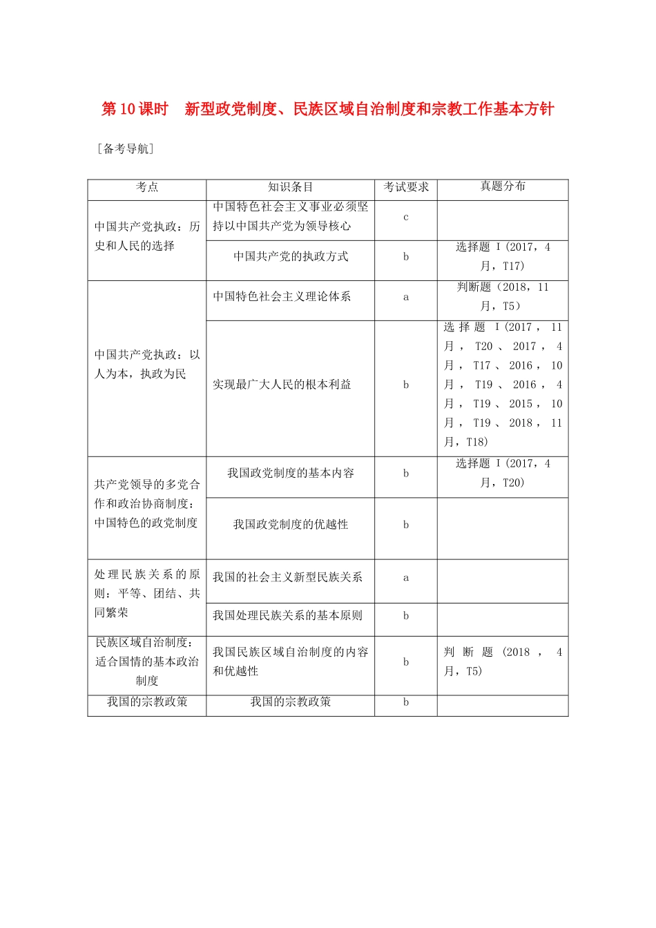浙江省高考政治二轮复习高分突破 第一篇 考点练讲专题 二 政治生活 第10课时 新型政党制度、民族区域自治制度和宗教工作基本方针讲义-人教版高三全册政治教案_第1页