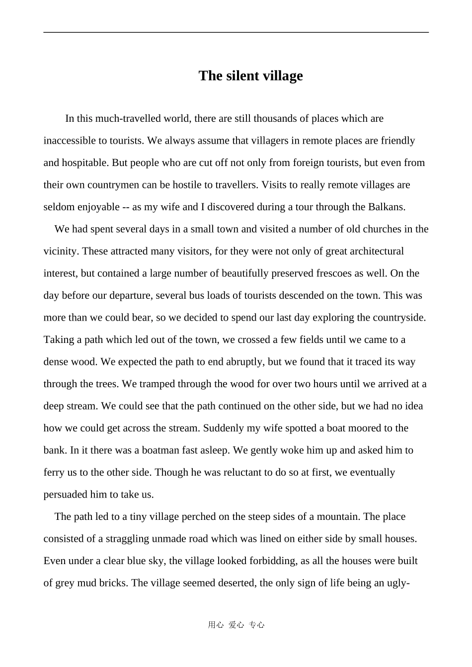 高中英语Unit 1 LIFE STYLES 文章 The silent village北师大版必修一_第1页