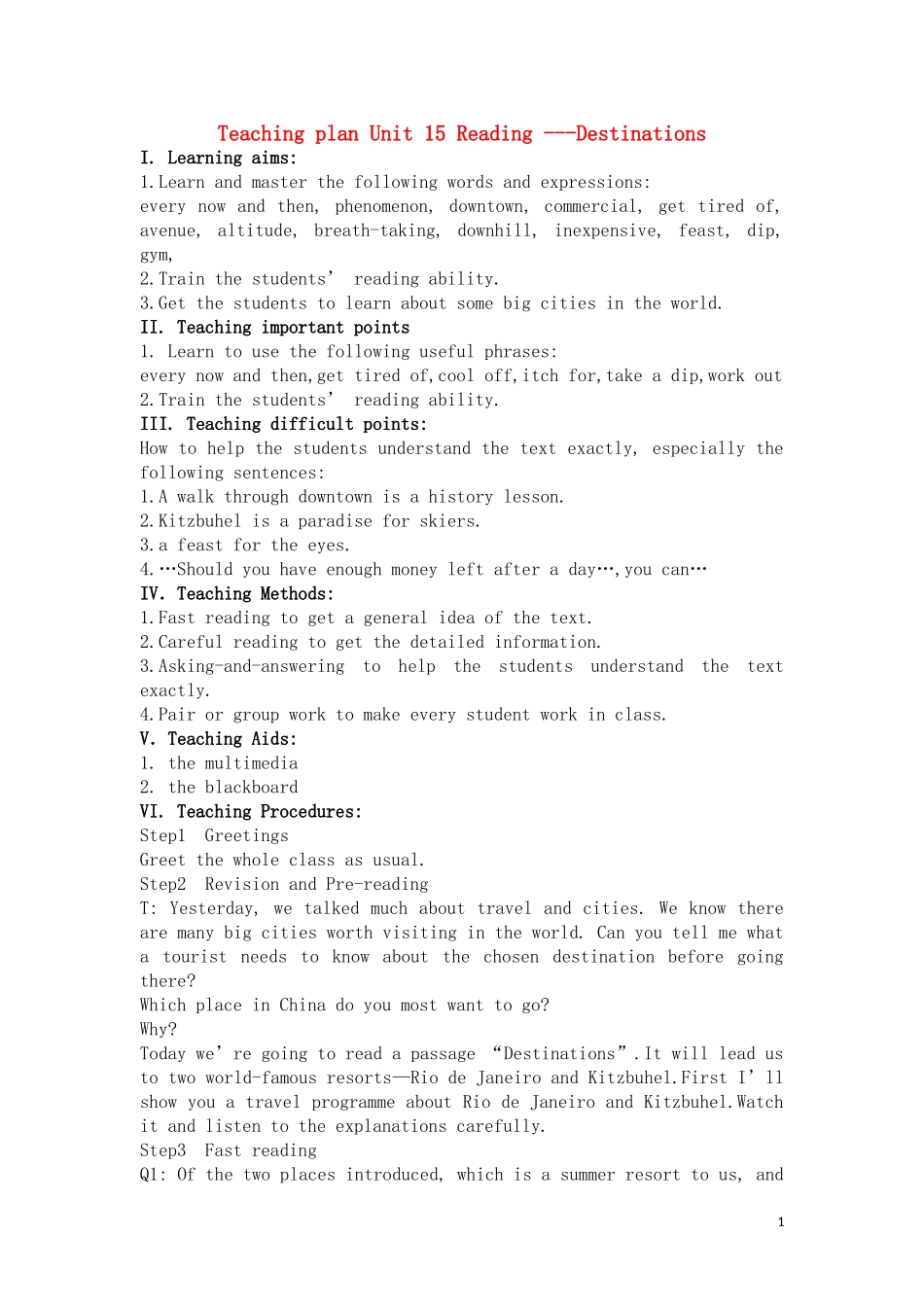 高二英语下册 Unit 15 Destinations 教案 人教版大纲_第1页
