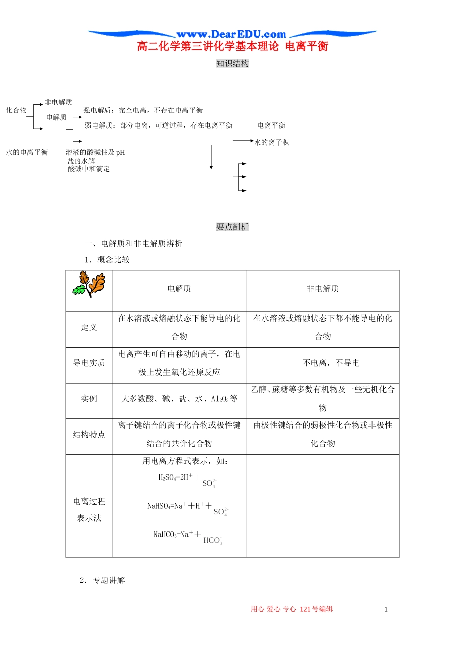 高二化学第三讲化学基本理论 电离平衡_第1页