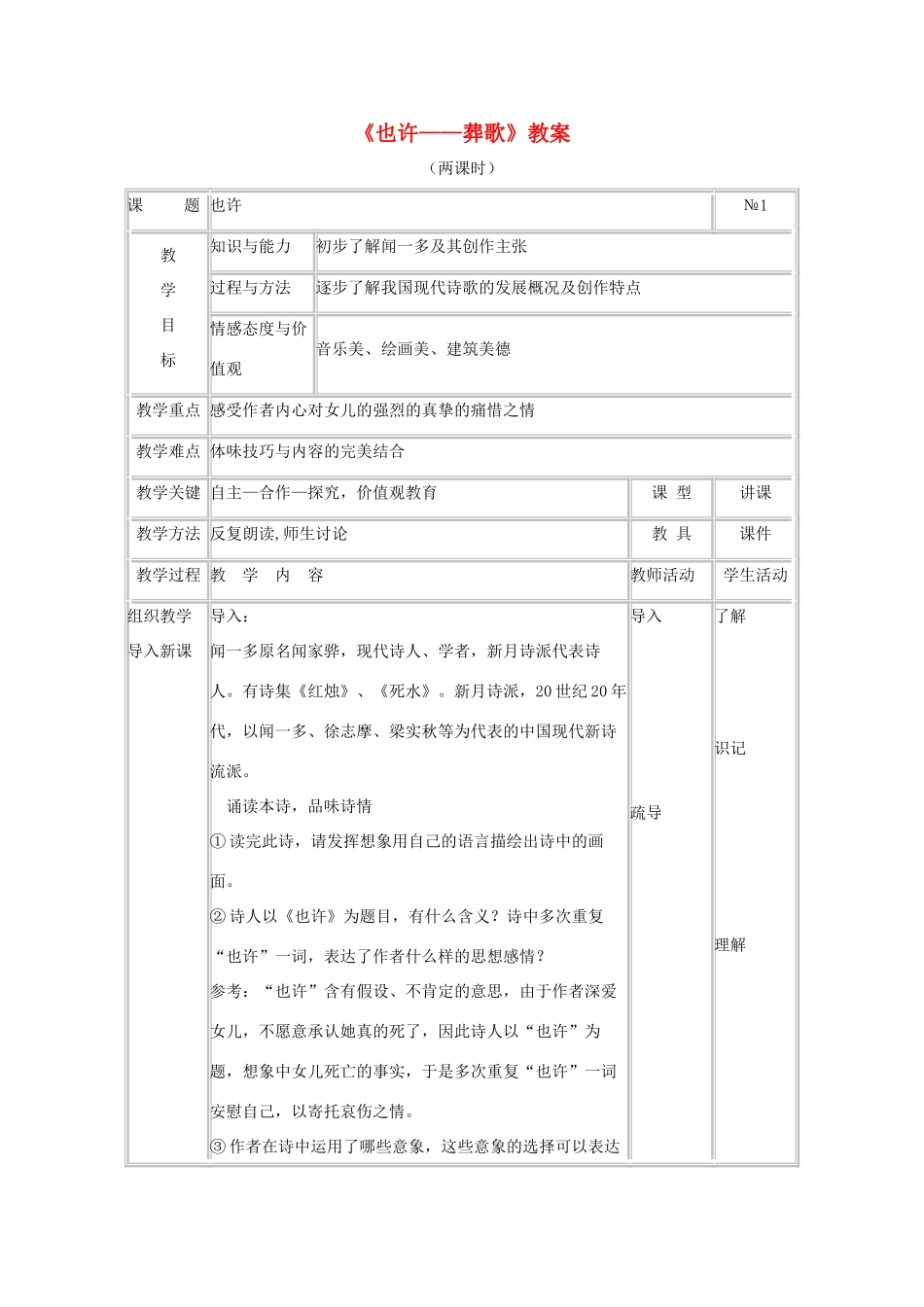 高二语文 2.2《也许——葬歌》教案 新人教版选修《中国现代诗歌散文欣赏》_第1页