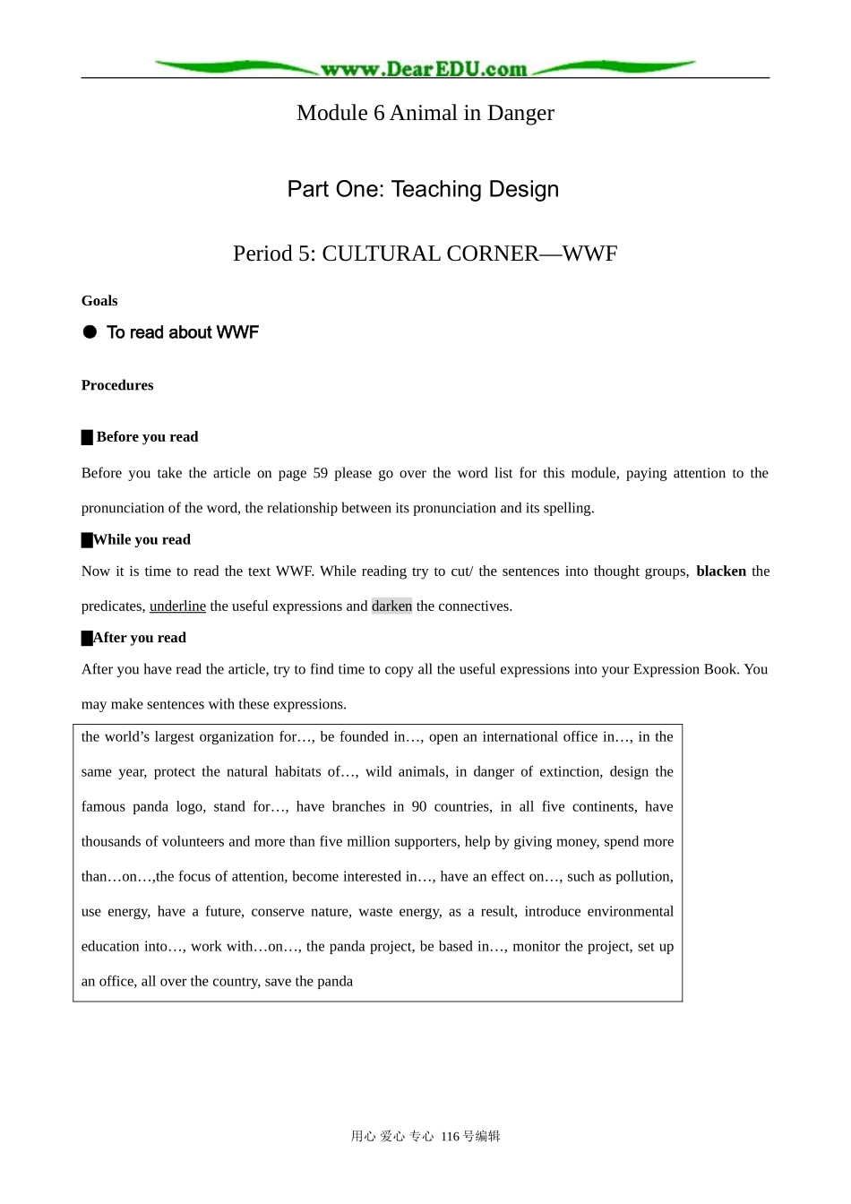 高中英语必修5Module6 Period5： Cultural Corner--WWF_第1页