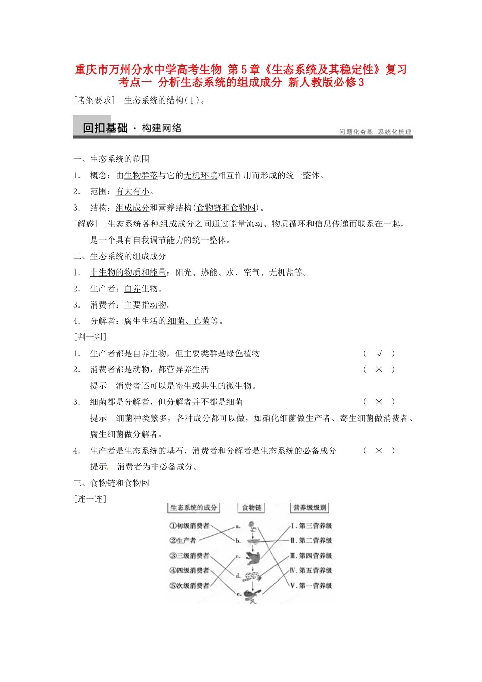 重庆市万州分水中学高考生物 第5章《生态系统及其稳定性》复习考点一 分析生态系统的组成成分 新人教版必修3_第1页