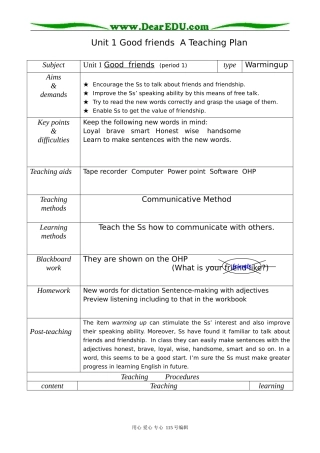 高中英语第一册上Unit 1 Good friends  A Teaching Plan