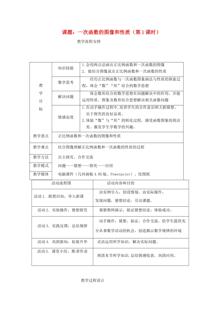 浙江省温岭市城南中学全国初中青年数学教师优秀课评比九年级数学《一次函数的图象和性质》教案_第1页