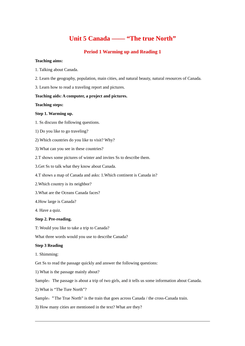 高中英语：Unit5 Canada —— “The true North”全单元教案（新人教版必修3）河北地区专用_第1页