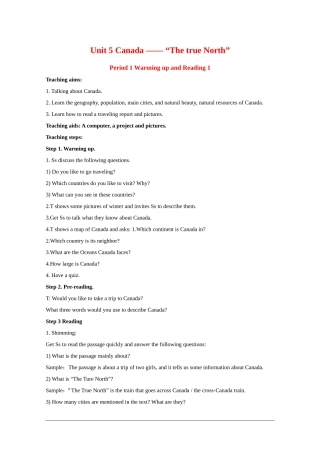 高中英语：Unit5 Canada —— “The true North”全单元教案（新人教版必修3）河北地区专用