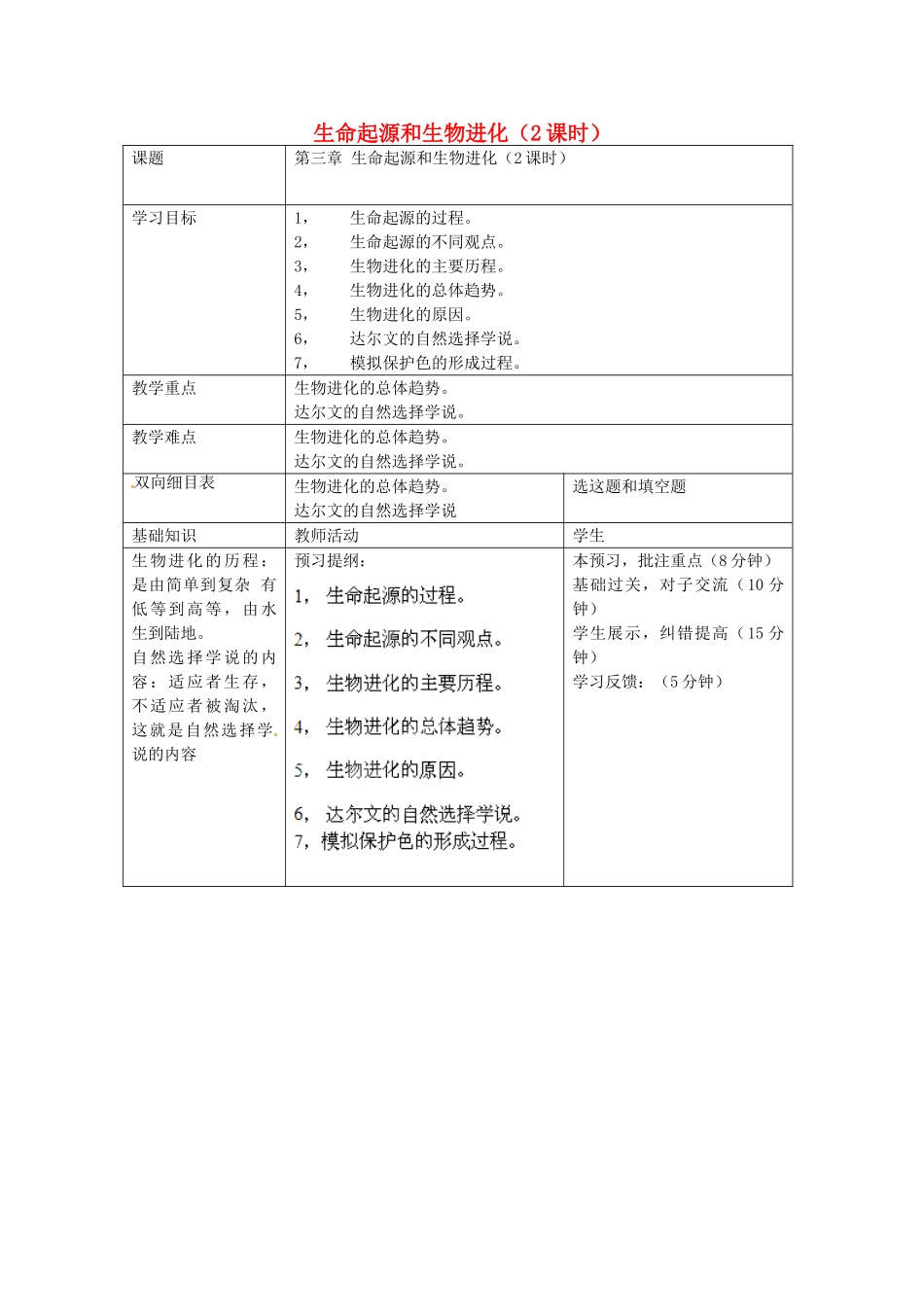 四川省北川羌族自治县擂鼓八一中学八年级生物下册 生命起源和生物进化教案 新人教版_第1页