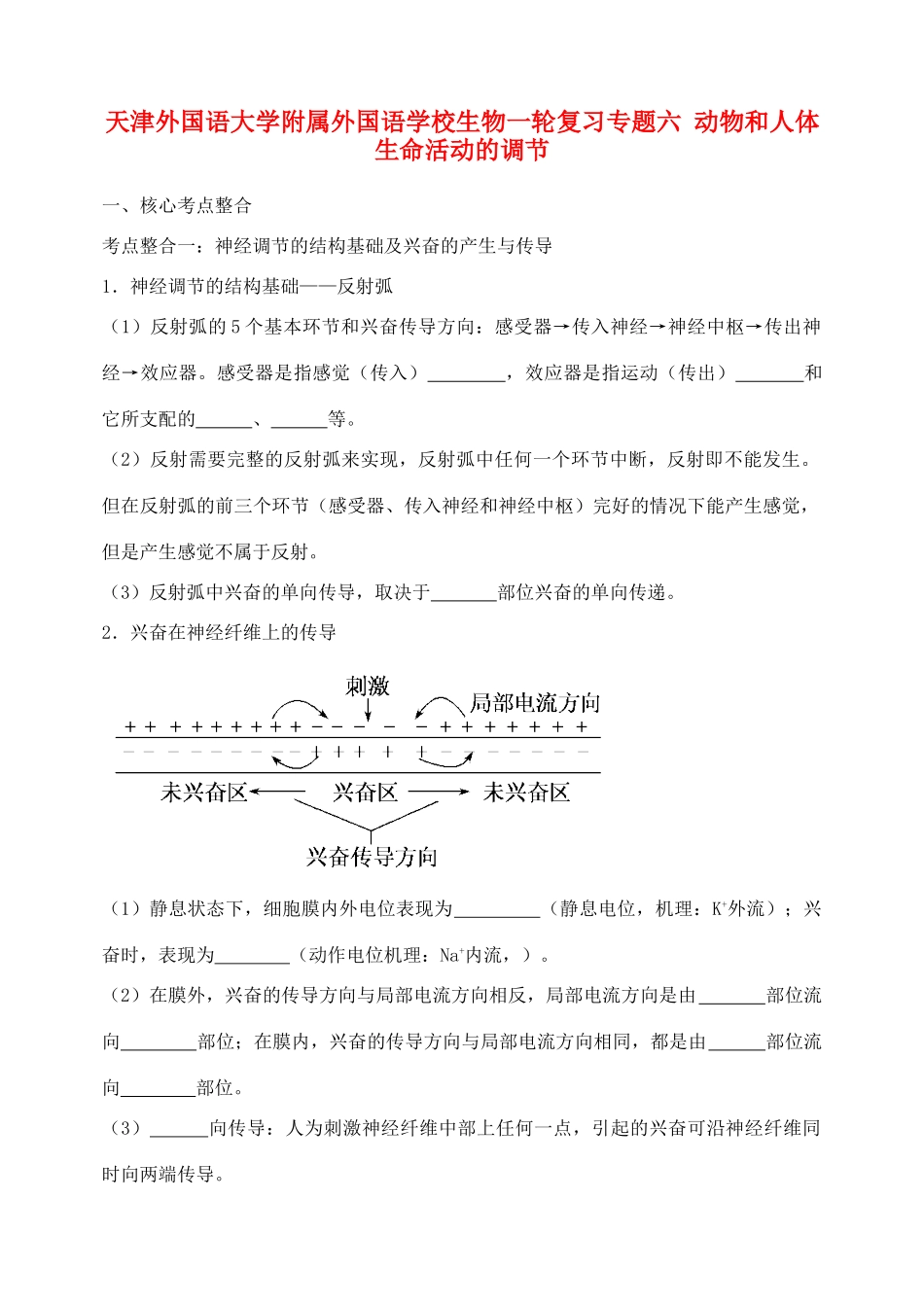 天津市高考生物一轮复习 专题6 动物和人体生命活动的调节教案 新人教版_第1页