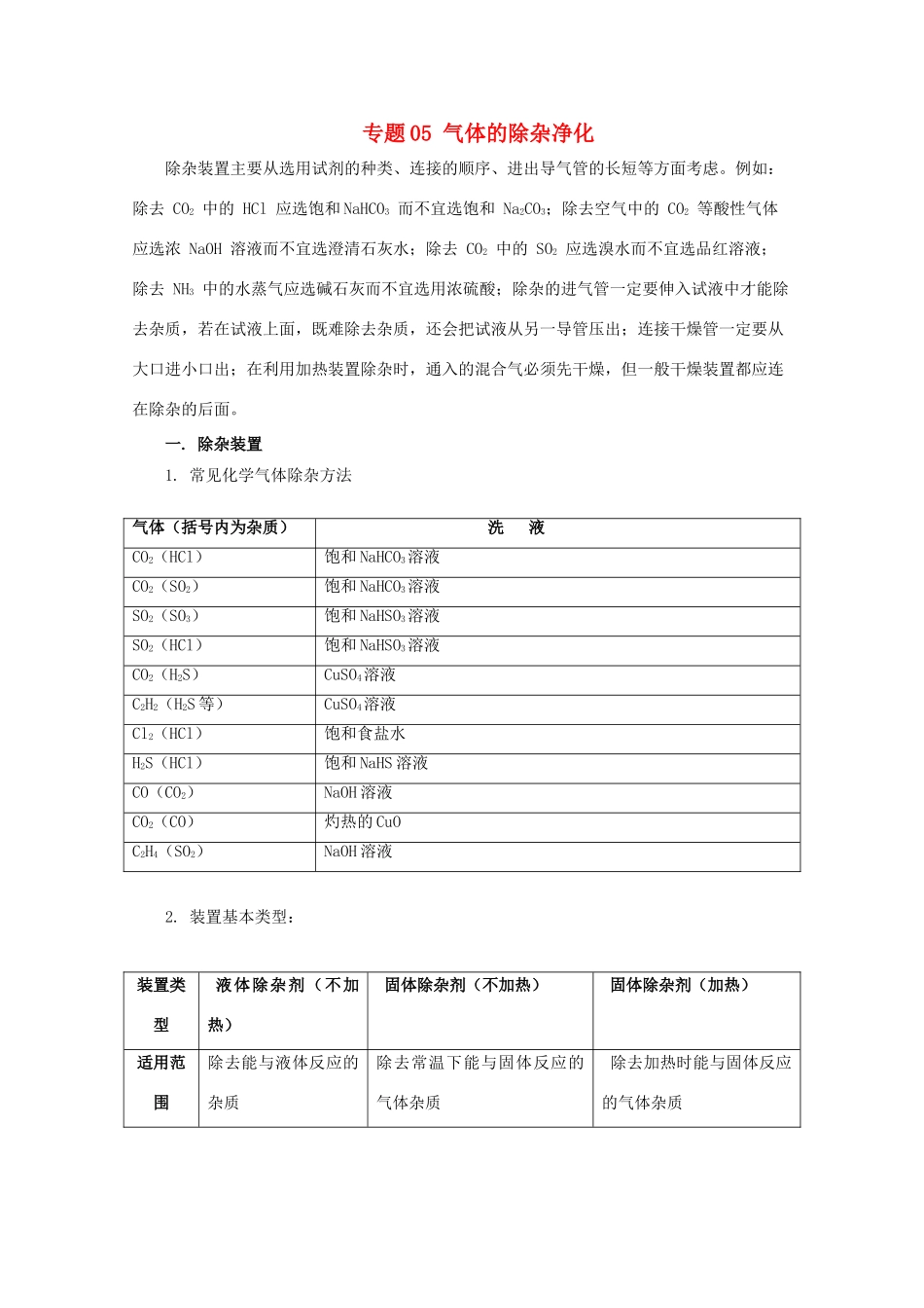 高考化学 实验全突破 专题05 气体的除杂净化教案-人教版高三全册化学教案_第1页