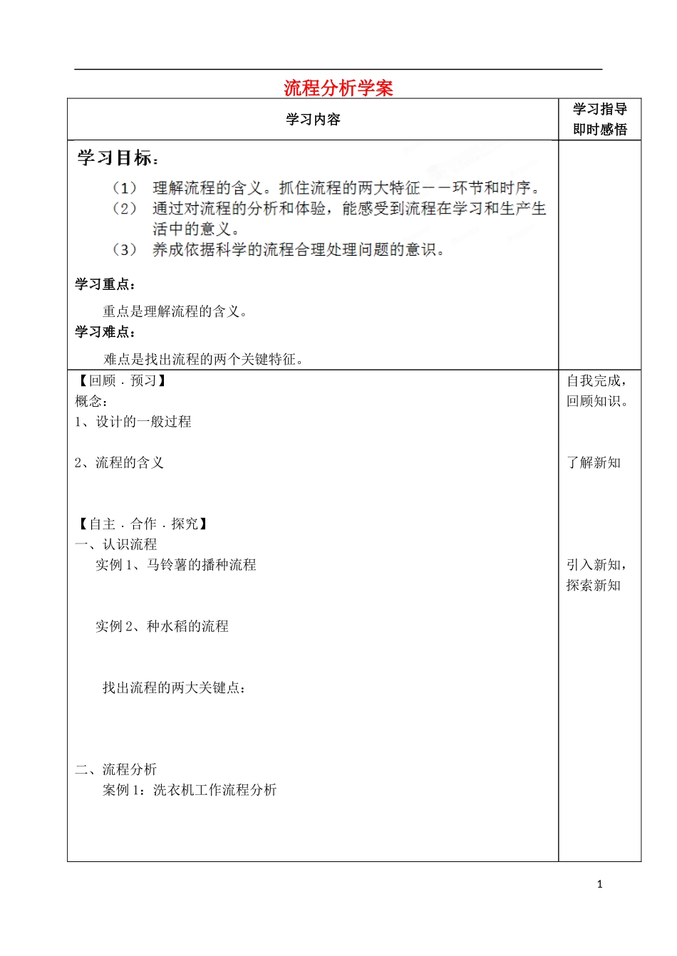 山东省泰安市肥城市第三中学高中通用技术 了解流程+流程分析学案_第1页