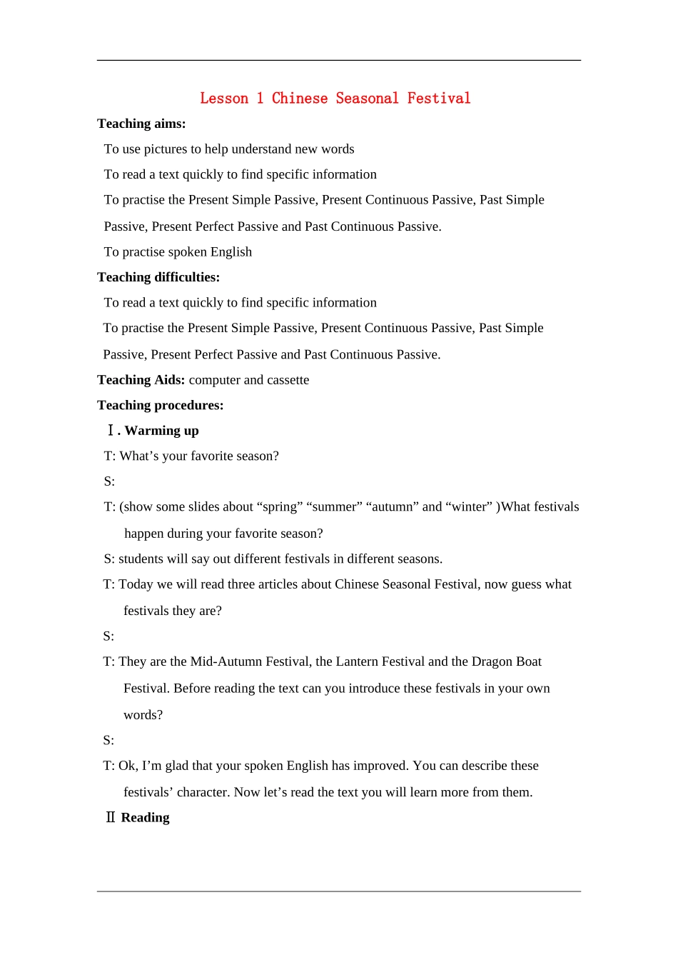 高中英语：unit3 lesson1 Chinese seasonal festival教案（北师大版必修1）_第1页