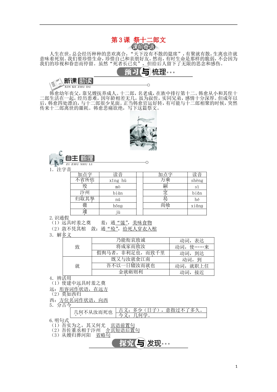 高中语文 第五单元 第3课祭十二郎文精品导学案（详解版）新人教版选修《中国古代诗歌散文欣赏》_第1页