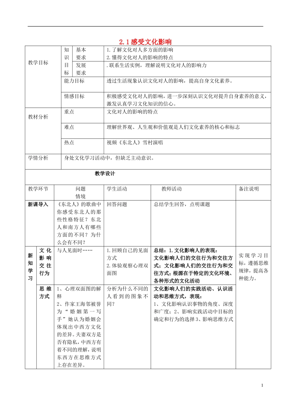 高中政治 《感受文化影响》教案5 新人教版必修3_第1页