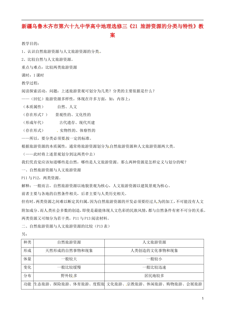 新疆乌鲁木齐市第六十九中学高中地理《旅游资源的分类与特性》教案 新人教版选修3_第1页