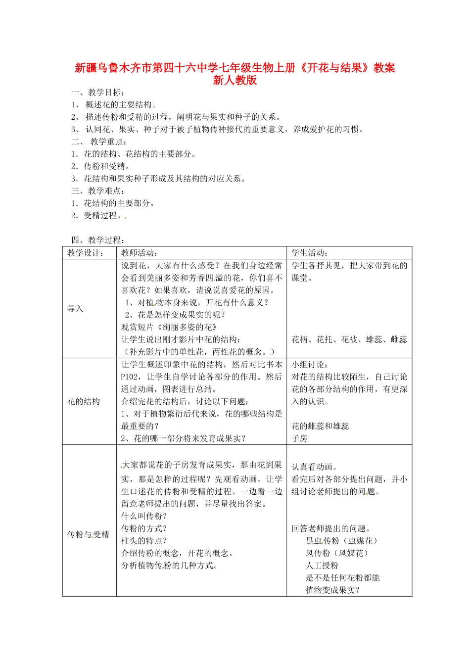 新疆乌鲁木齐市第四十六中学七年级生物上册《开花与结果》教案 新人教版_第1页