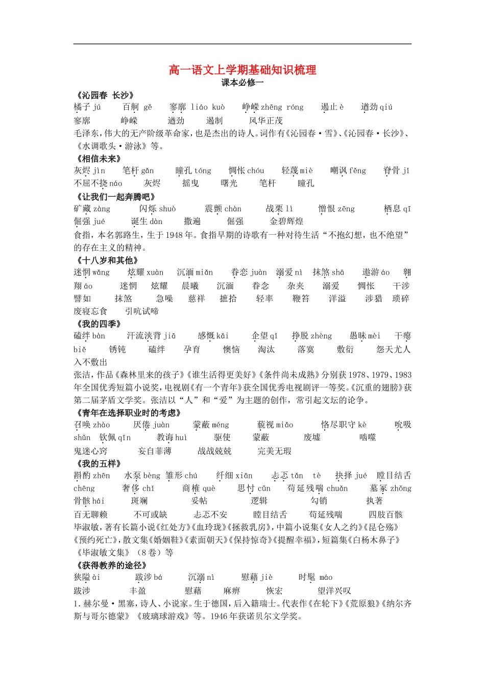 高一语文上学期基础知识梳理 苏教版_第1页
